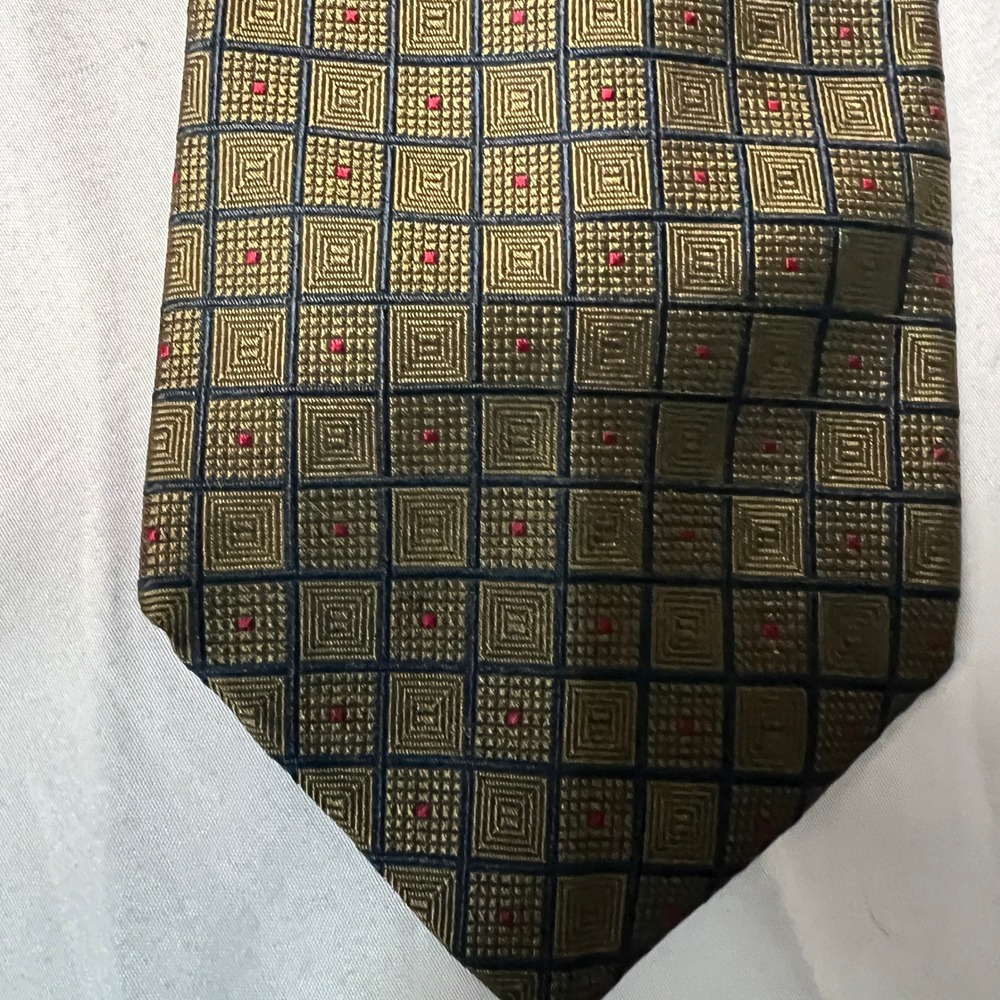 Lands End Mens Silk Tie Geometric Square Tiles Pattern Red Dot Gold Blue
